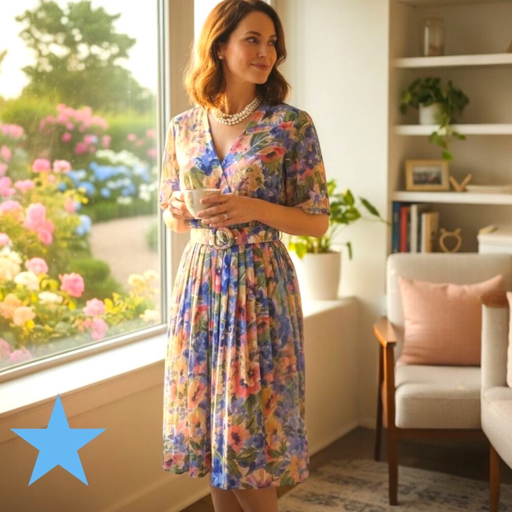 Vintage LESLIE FAY Dress Womens Purple Floral Modest Secretary MIDI Dress 8 M
